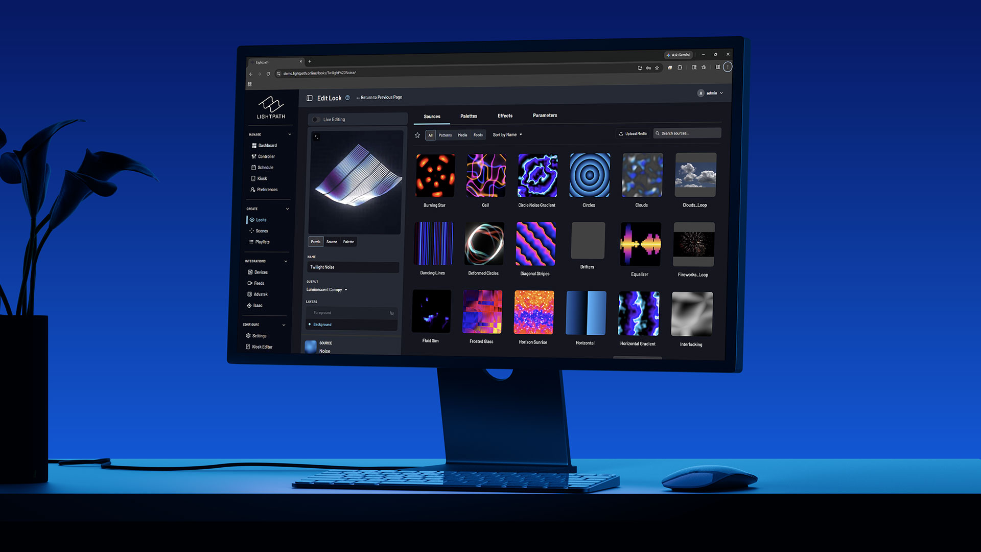 The Lightpath OS look editor: a live source library with real-time pre-vis of the current look