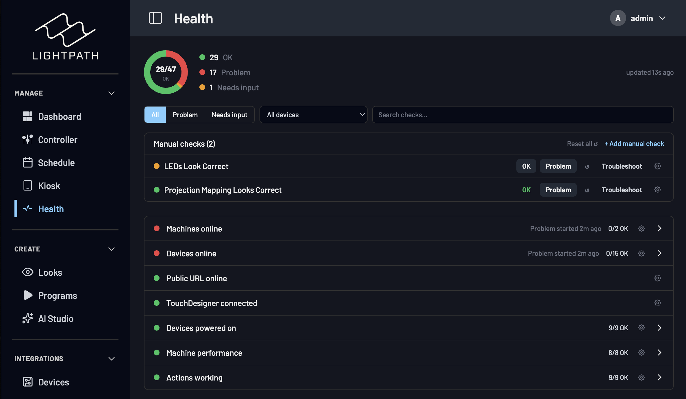 The Lightpath OS health dashboard — device status checks across the fleet