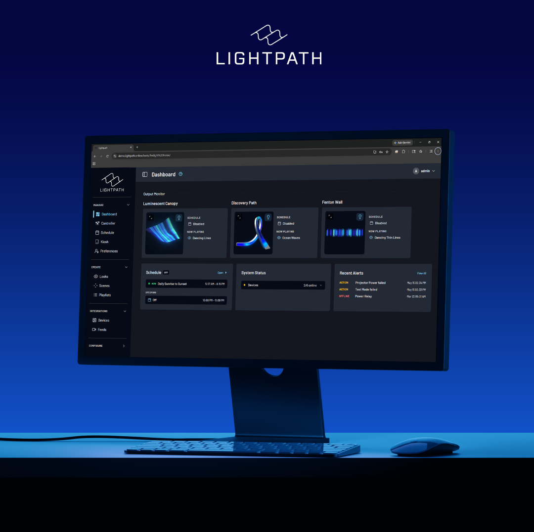 The Lightpath OS dashboard — outputs, schedule, system status, and recent alerts
