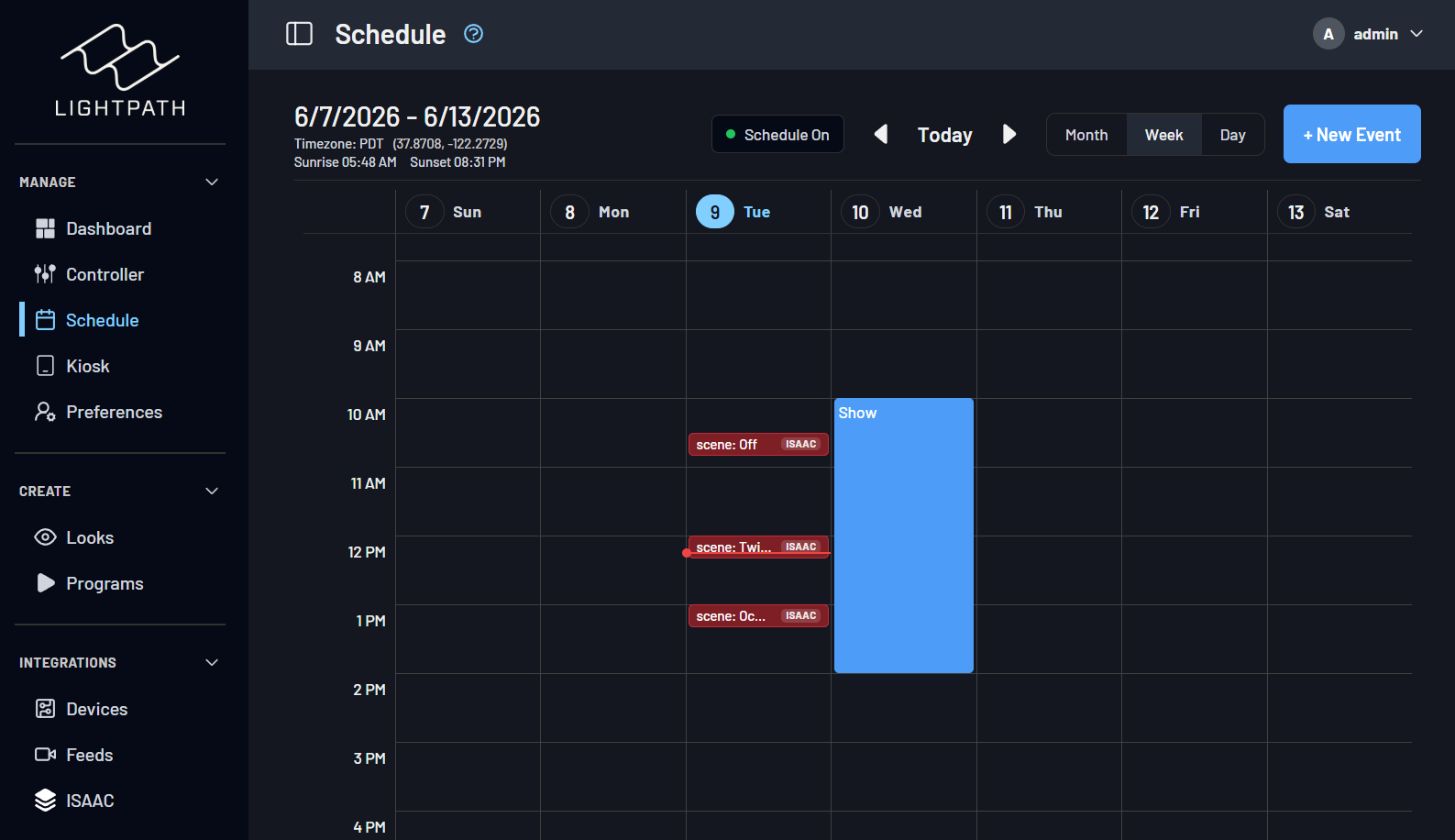 The Lightpath OS Schedule view showing ISAAC-triggered scenes on the weekly calendar