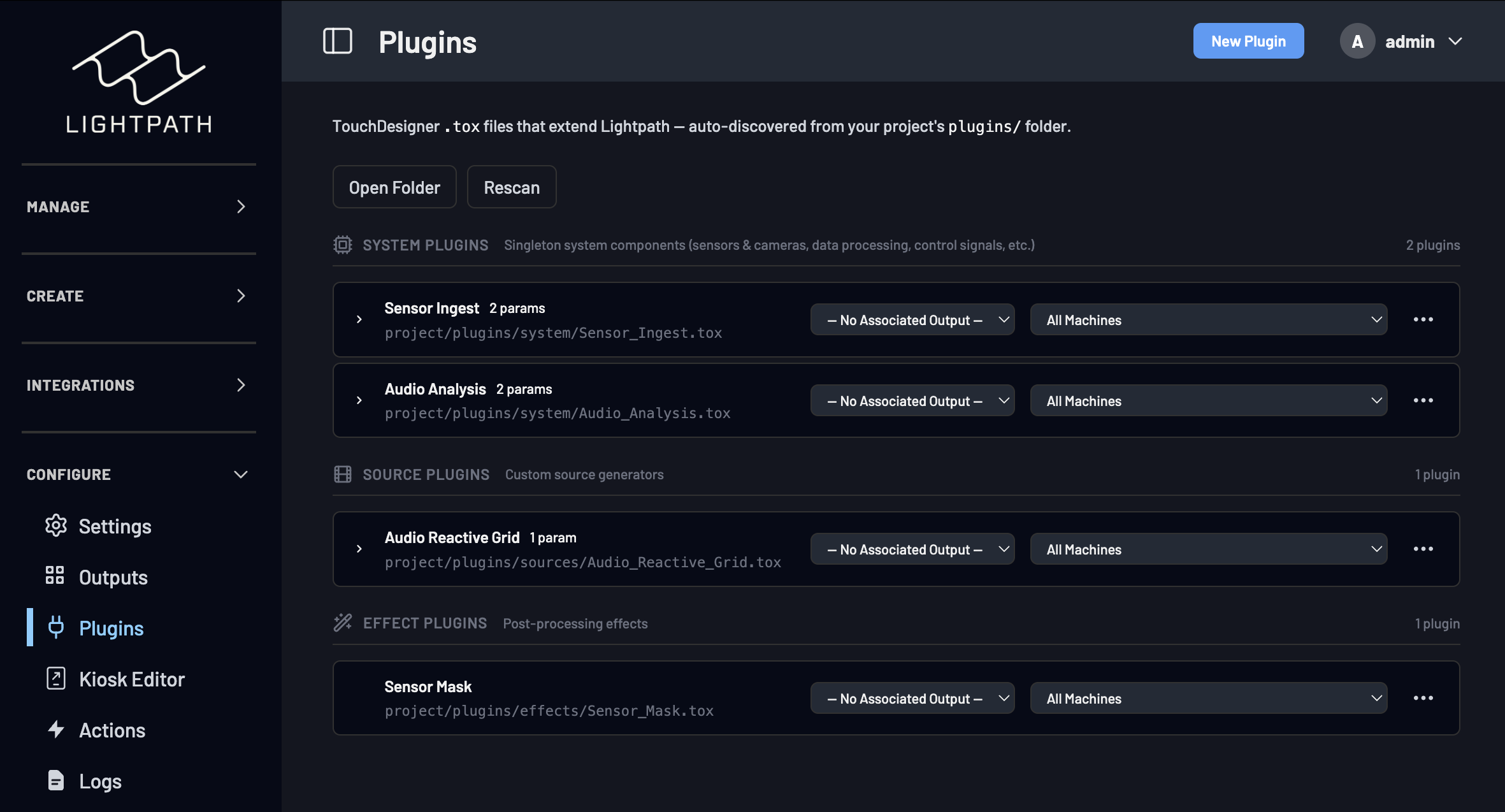 The Lightpath OS Plugins view — TouchDesigner .tox system, source, and effect plugins